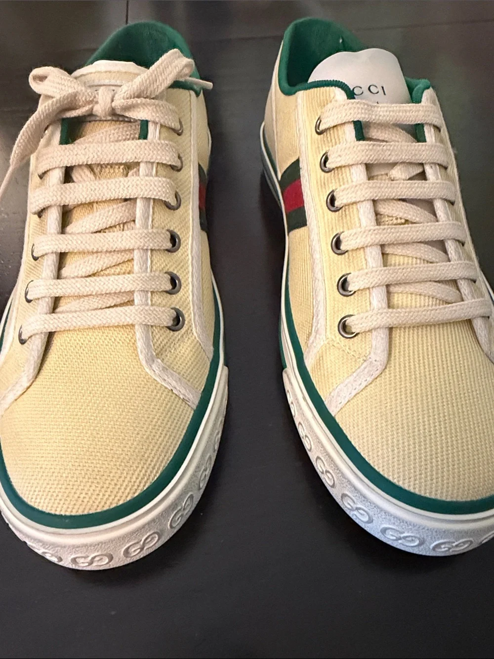 Gucci Men’s Pale Yellow Canvas Low-Top Sneakers with Green & Red Web